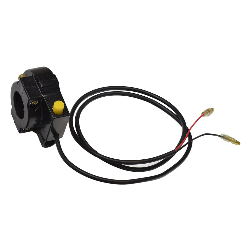 Gas Scooter Parts: Scooter Hand Throttle assembly featuring a black device with a yellow button, wires, handlebar grip, and kill switch, designed for gas scooters, pocket bikes, and mini choppers.