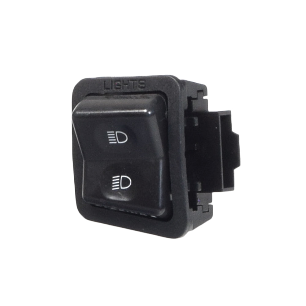 Hi/Low Beam Light Switch for 50cc, 150cc, & 250cc Scooters, featuring a black rectangular body with a white text button and a white indicator light.