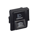 Mini Hi/Low Beam Light Switch for 50cc+ vehicles, featuring a black rectangular body with white text and a prominent white button for beam selection.