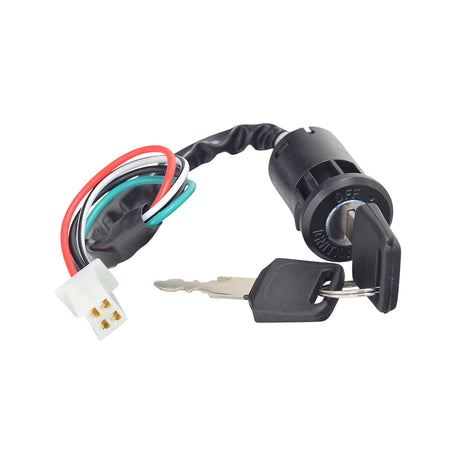 4 Wire Ignition Key Switch for Dirt Bikes & ATVs (Snap-In Mount, Female Connector), featuring a key lock with attached keys and visible four-wire assembly.