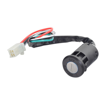 4 Wire Ignition Key Switch for Dirt Bikes & ATVs (Snap-In Mount, Female Connector) showing a black device with a keyhole, multiple colored wires, and a round black and silver button.