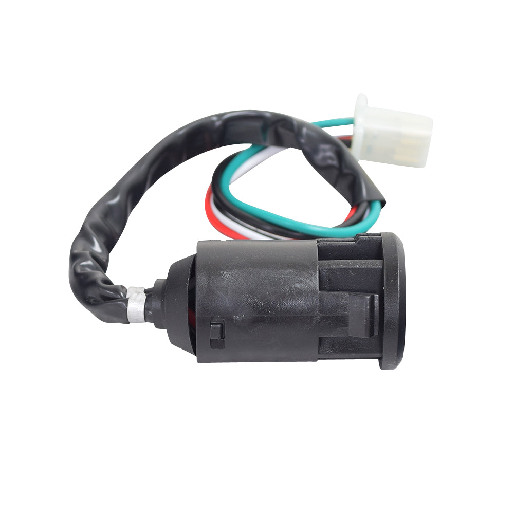 4 Wire Ignition Key Switch for Dirt Bikes & ATVs (Snap-In Mount, Female Connector) featuring a black electrical device with green and red wires, suitable for various models.