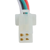 Close-up of the 4 Wire Ignition Key Switch for Dirt Bikes & ATVs (Snap-In Mount, Female Connector), highlighting the white 4-pin female connector and colorful wires suitable for various models.