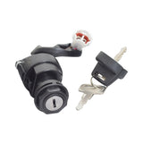 2 Wire Ignition Key Switch for ATVs & Dirt Bikes (Threaded Shaft Mount) showing a key inserted into a black ignition switch with a plug connector featuring two male pins.