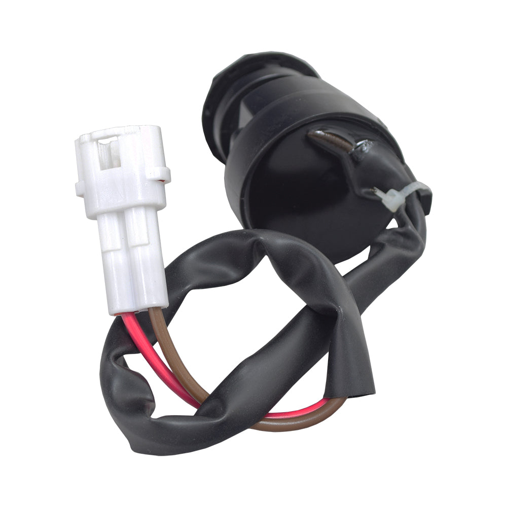 2 Wire Ignition Key Switch for ATVs & Dirt Bikes (Threaded Shaft Mount) featuring a black electrical device with two visible red and white wires and two male pins.