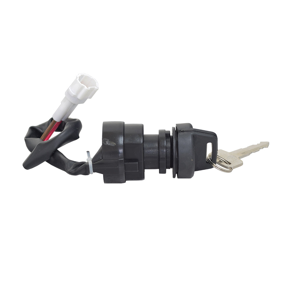 2 Wire Ignition Key Switch for ATVs & Dirt Bikes (Threaded Shaft Mount) featuring a key in a keyhole, connected to a black plastic nut and washer, with two male pins visible.