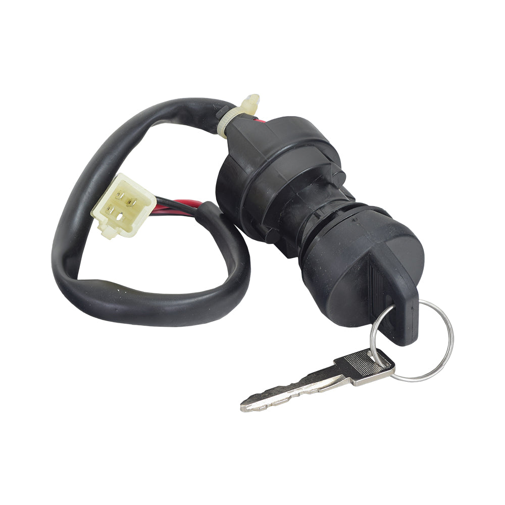 3 Wire Ignition Key Switch for ATVs & Dirt Bikes (Threaded Shaft Mount) featuring a black key, black cable, and close-up of a white electrical connector. Suitable for Baja Wilderness Trail 400 and Baja BA150 ATV.