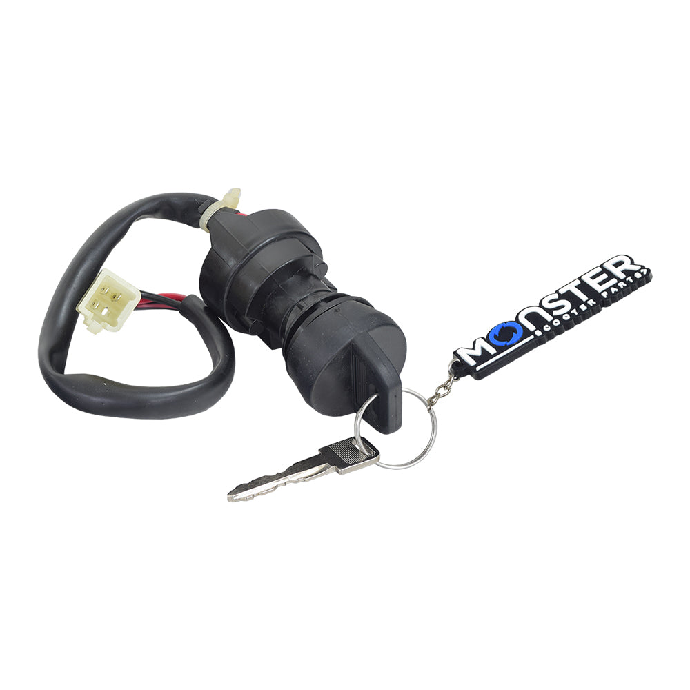 3 Wire Ignition Key Switch for ATVs & Dirt Bikes (Threaded Shaft Mount), featuring a key chain with a keyring and visible wires, designed for screw-on assembly. Compatible with specific Baja models.