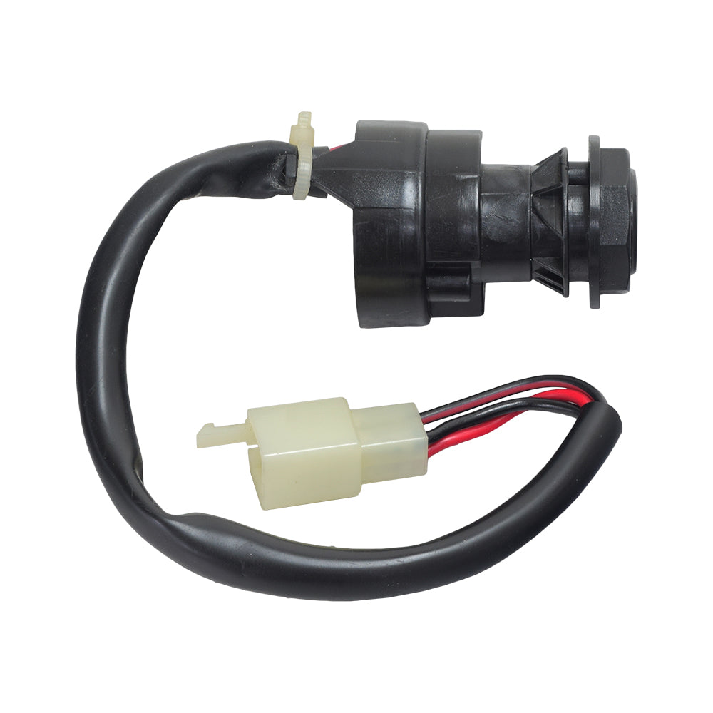 3 Wire Ignition Key Switch for ATVs & Dirt Bikes (Threaded Shaft Mount) featuring a black electrical device with a white and red wire, a white plastic connector, and a close-up of a plug.