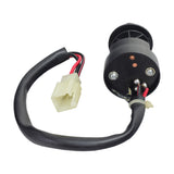 3 Wire Ignition Key Switch for ATVs & Dirt Bikes (Threaded Shaft Mount), showing a black electrical device with wires, a close-up of the plug, and screw-on design.