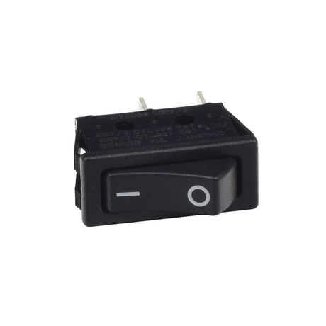 Black On/Off Rocker Switch for electric scooters, featuring a black rectangular body with a white line and white circle indicator, and two 1/4 tab connections for easy installation.