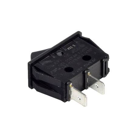 Black On/Off Rocker Switch showing two metal tab connections and small holes, designed for easy replacement in Razor and other electric scooters. Ideal for connecting red wires from the controller.