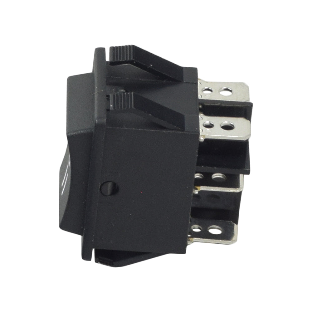 3-Position On/Off/On Switch for Currie Electric Bikes, featuring a black electrical switch with a button and silver metal inserts, suitable for newer eZip and some IZIP models.