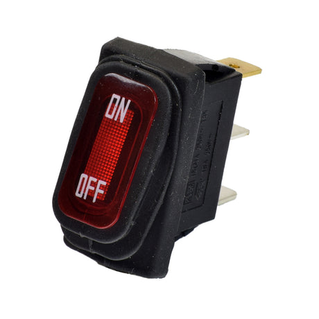 Red On/Off Switch with Weather-Resistant Rubber Boot for Razor Electric Scooters, featuring white text and a close-up of the integrated protective element, designed for various Razor models.