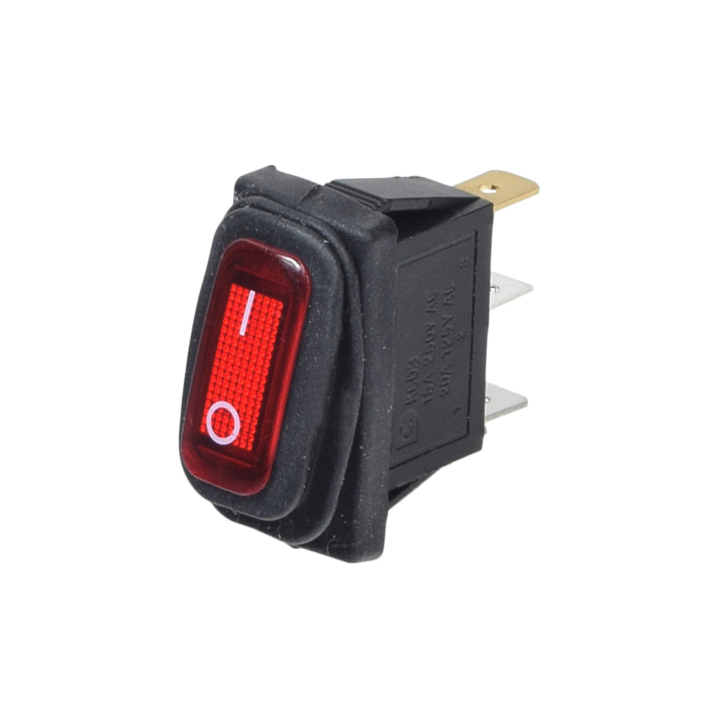 Close-up of a red On/Off switch with weather-resistant rubber boot for Viro Rides VR 550E & Vega 2-in-1 Scooters, featuring an illuminated indicator light when in the On position.