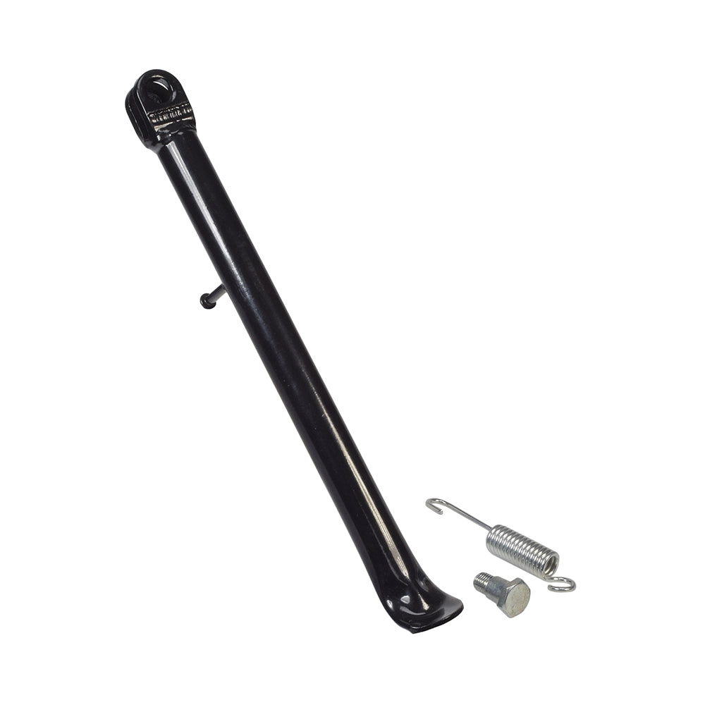 290 mm Kickstand for 70cc, 90cc, & 110cc Dirt Bikes, shown with a couple of screws, featuring a black metal pole and a metal hook.