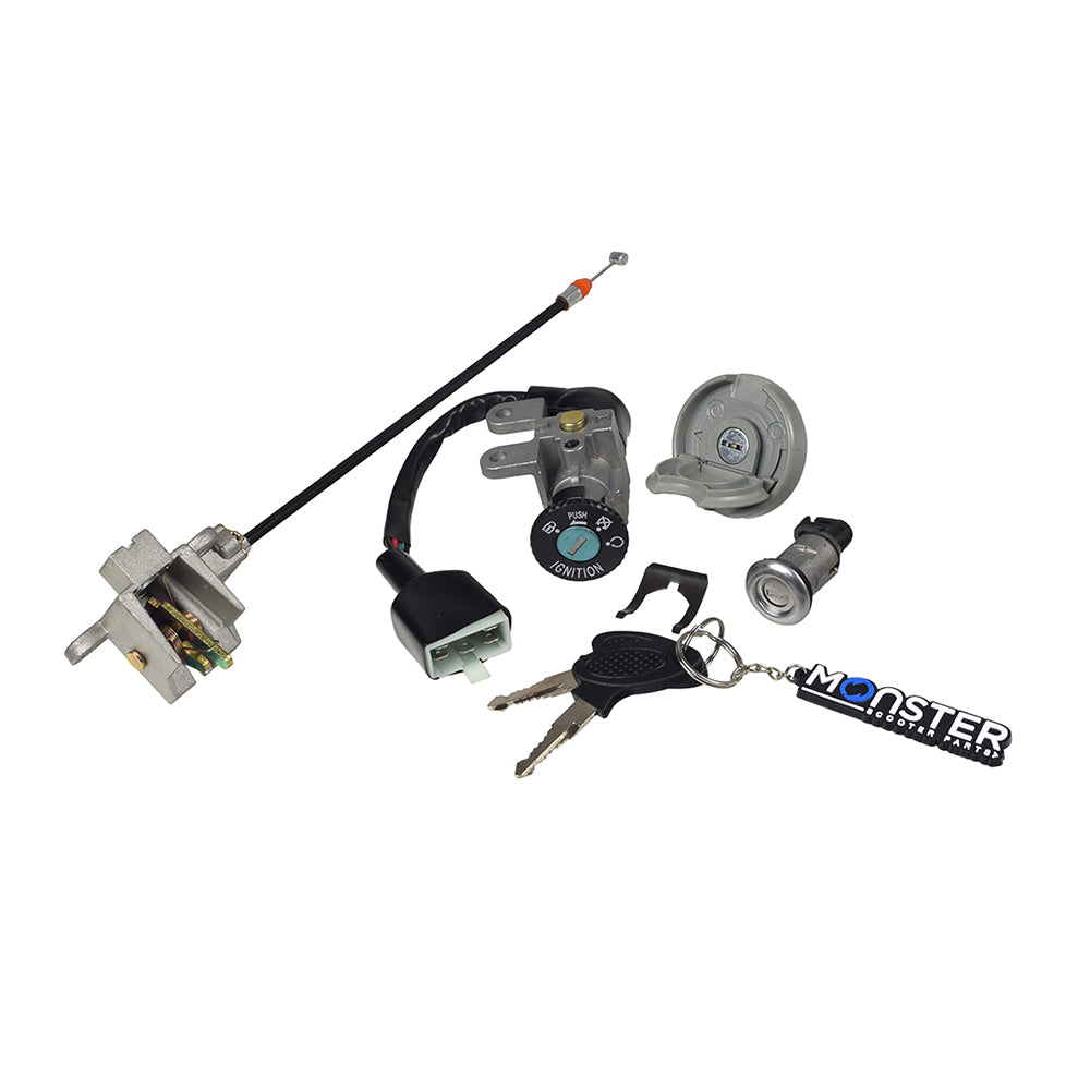 50cc, 125cc, and 150cc Scooter Ignition Module (Key Switch) Complete Assembly with Keys and 5 Pin Connector, featuring keys, ignition module, key switch cylinder, 5-pin connector, and lockable gas cap.