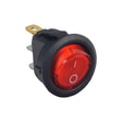 Round Red Illuminated On/Off Switch for the Kidzone Ride-On Bumper DIY Race Car, featuring a red circular rocker switch with white text, a 3-pin terminal, and background illumination when turned on.