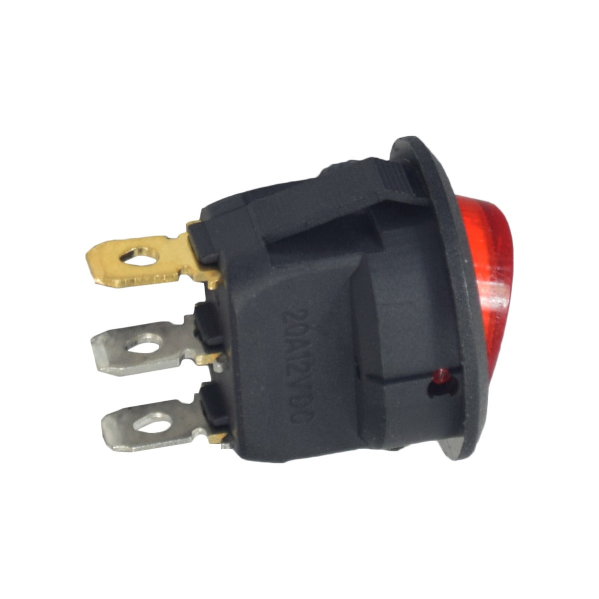 Close-up of the 3-Pin Round Red Illuminated On/Off Switch for the Pulse ATV Quad Ride-On, highlighting gold and silver metal parts, with red illumination indicating the On position.