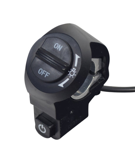 Dual Function Handlebar Switch for the Jetson® Bolt Folding Electric Bicycle, showing a close-up of a black switch with white text, featuring On/Off and light switches in a compact handlebar-mounted unit.