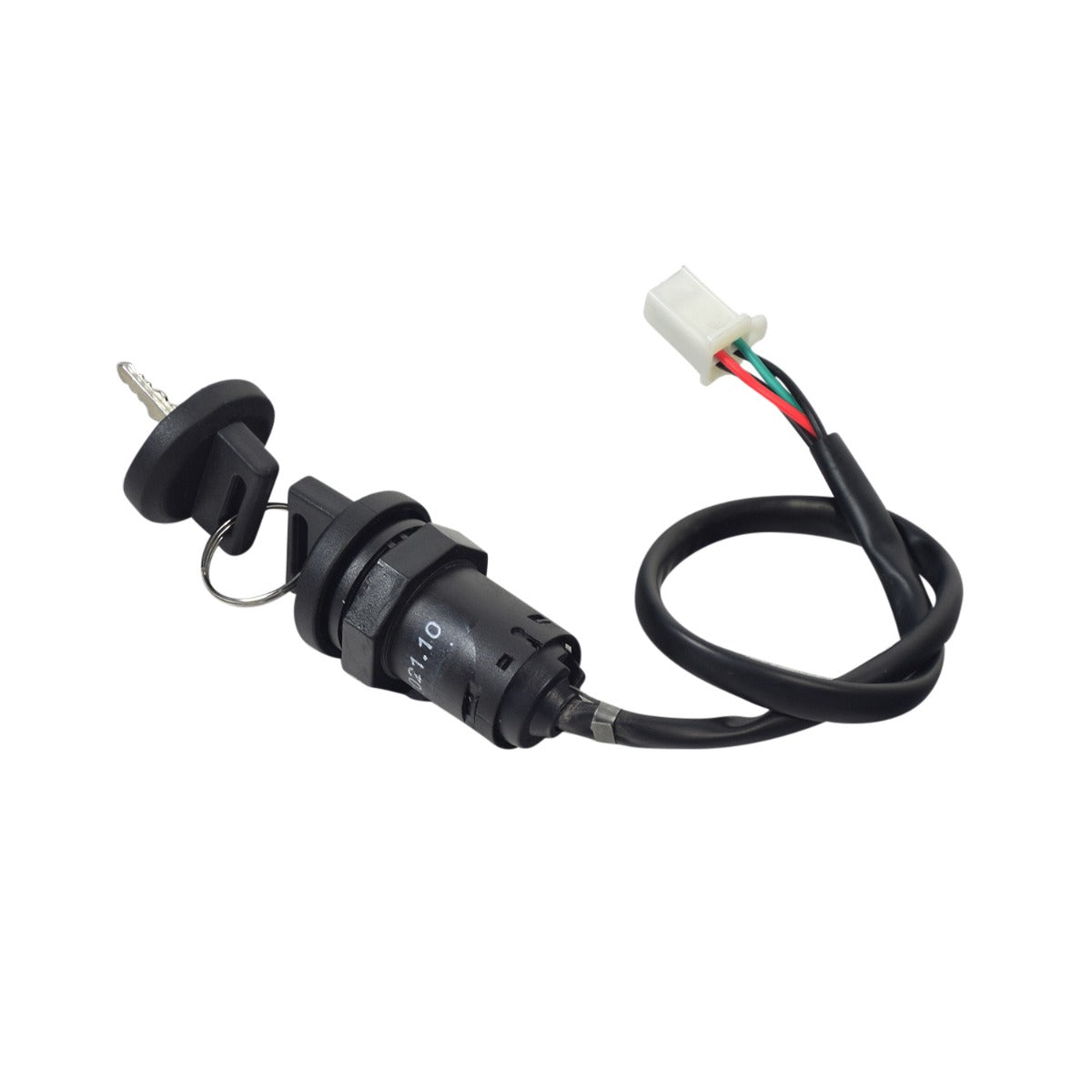 Key Switch for Coleman AT125-EX, At125-UT, AT200-B, & TaoTao Raptor 200 ATVs, featuring a black electrical device with a white cable, key, and keyhole.