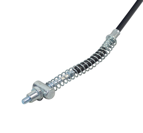 56-3/8 Brake Cable for Scooters and Mini Bikes, featuring a sturdy metal spring and black sleeve, designed for enhanced durability in gasoline engine models, visible in a close-up view.