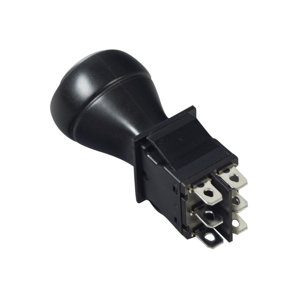 3-Position Joystick Throttle Switch for the Elegant Electronix Bumper Car with Parental Remote, featuring a black electrical device with metal parts and six slide-on connectors for Forward/Off/Reverse toggle functionality.