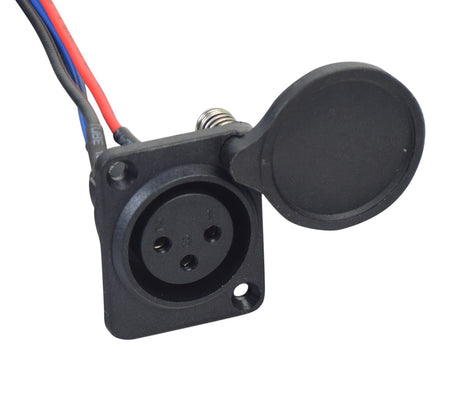 XLR-3 Charger Port for 2007 Currie Scooters with Charger Inhibitor, featuring a black plug and visible red and blue wires, designed for GT, IZIP, Mongoose, and Schwinn models.