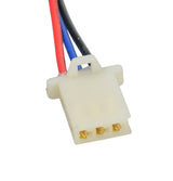 Close-up of XLR-3 Charger Port for 2007 Currie Scooters with Charger Inhibitor, showing the white plastic connector with blue and red wires attached.