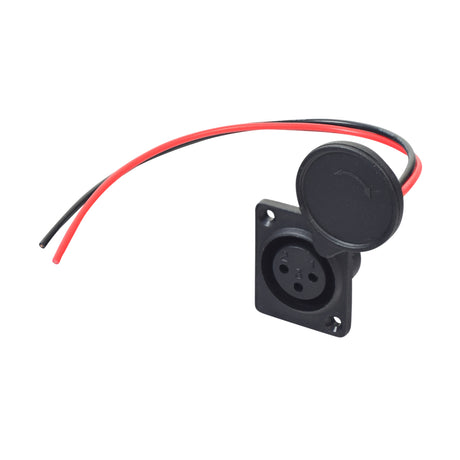 XLR Off-Board Battery Charging Port for Mobility Scooters with Cover & Wires featuring a secure 3-pin female socket, attached black and red wires, and a protective cover for easy installation.