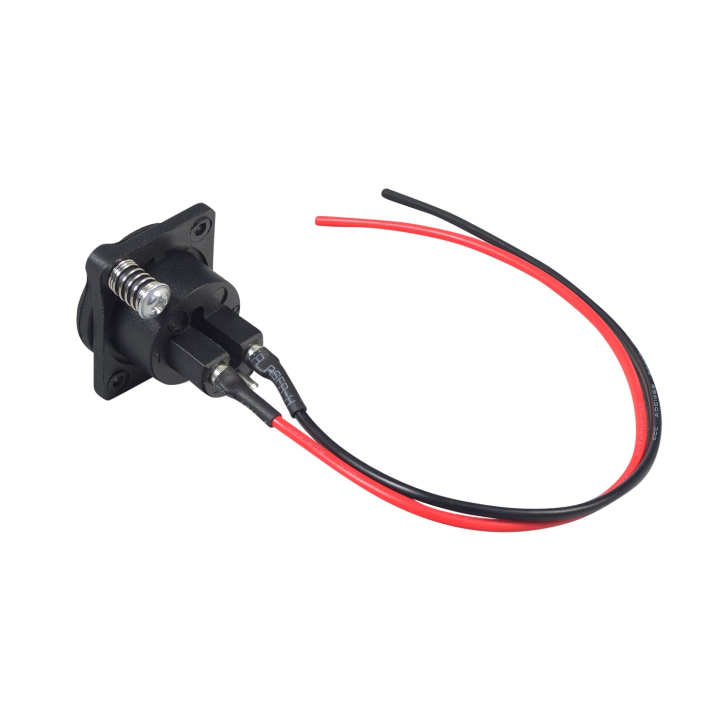 XLR Off-Board Battery Charging Port with Cover & Wires, showing a black square socket with attached black and red wires, and visible metal screw components for secure installation.