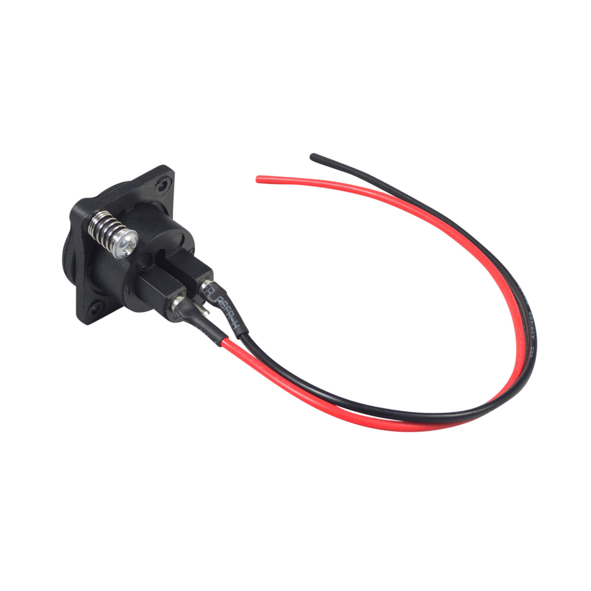 XLR Connector with Wires for Currie Electric Scooters, featuring a black and red wire attached to a black square component, designed for integration with GT, IZIP, Mongoose, and Schwinn models.