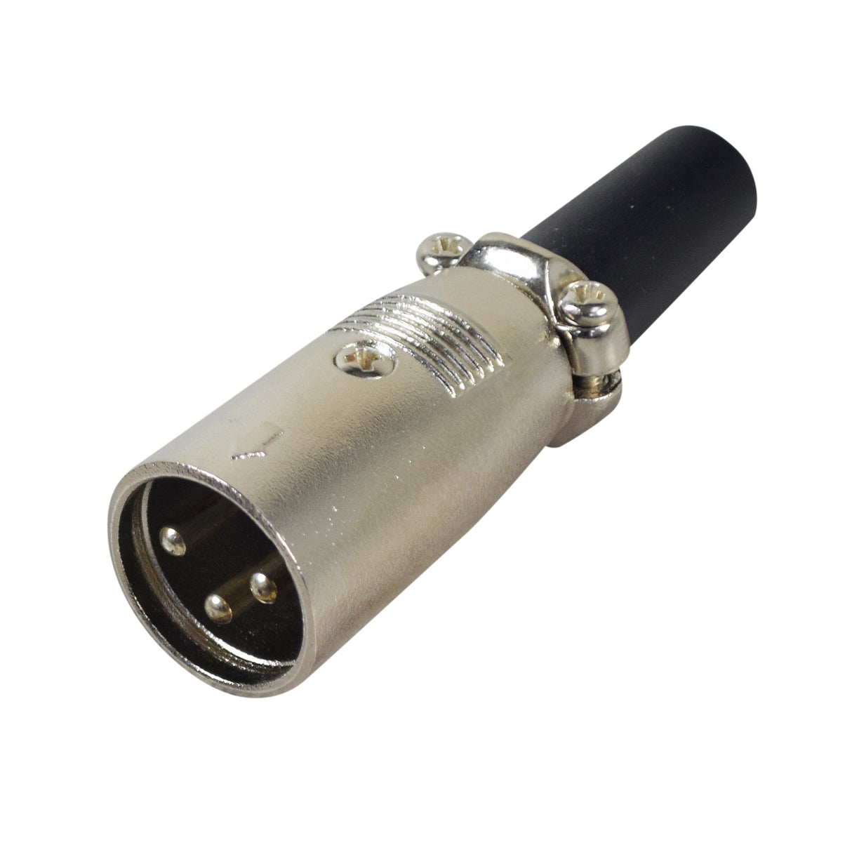 XLR Charger Connector - Male, 3 Pins: Close-up of a silver and black cylindrical microphone connector with three visible pins, designed for replacing or converting battery chargers to XLR connectors.