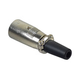 XLR Charger Connector - Male, 3 Pins: Close-up of a silver and black cylindrical connector with visible metal pins and screws, designed for battery charger replacement or conversion.