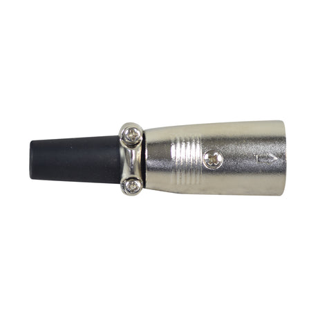 XLR Charger Connector - Male, 3 Pins: Close-up of a silver and black microphone connector with visible metal screws, designed for battery charger replacement or conversion.