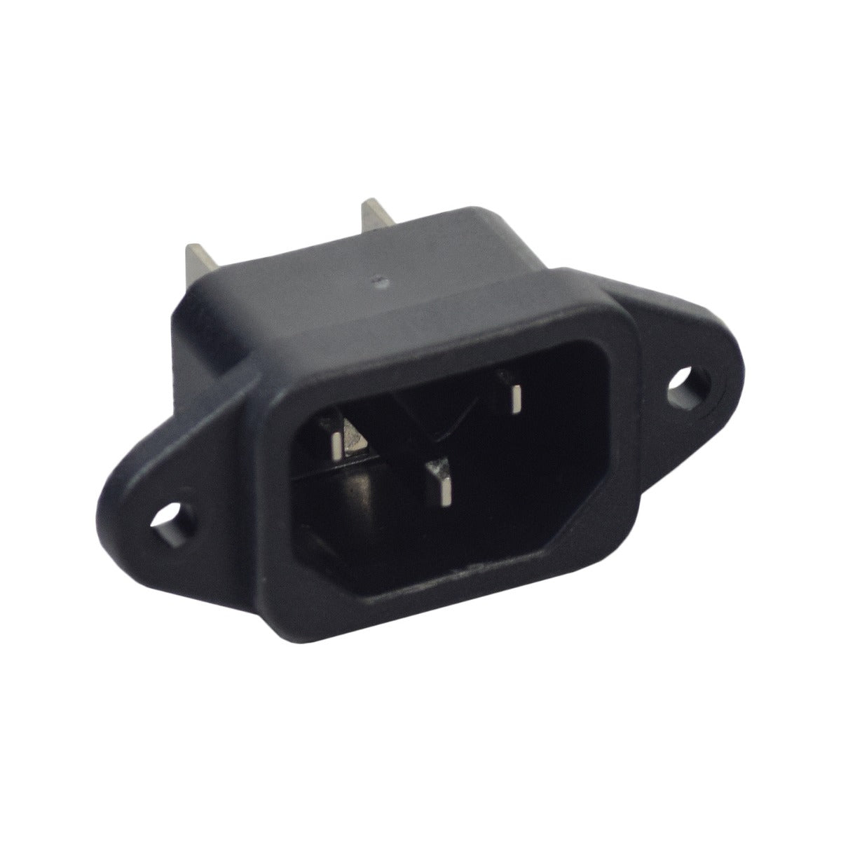 3-Pin (IEC C14) Male Panel Mount Power Connector, featuring silver metal tips and two visible holes, designed for battery charging ports on mobility scooters, power chairs, and electric bikes.