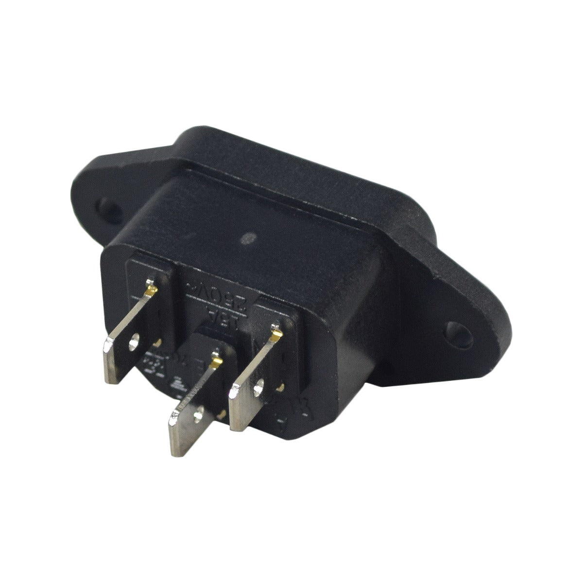 3-Pin (IEC C14) Male Panel Mount Power Connector for Drive ZooMe R3, eWheels EW-29, EW-36, EW-37, and EW-Vintage Scooters, showing close-up of black plug with silver metal connectors.