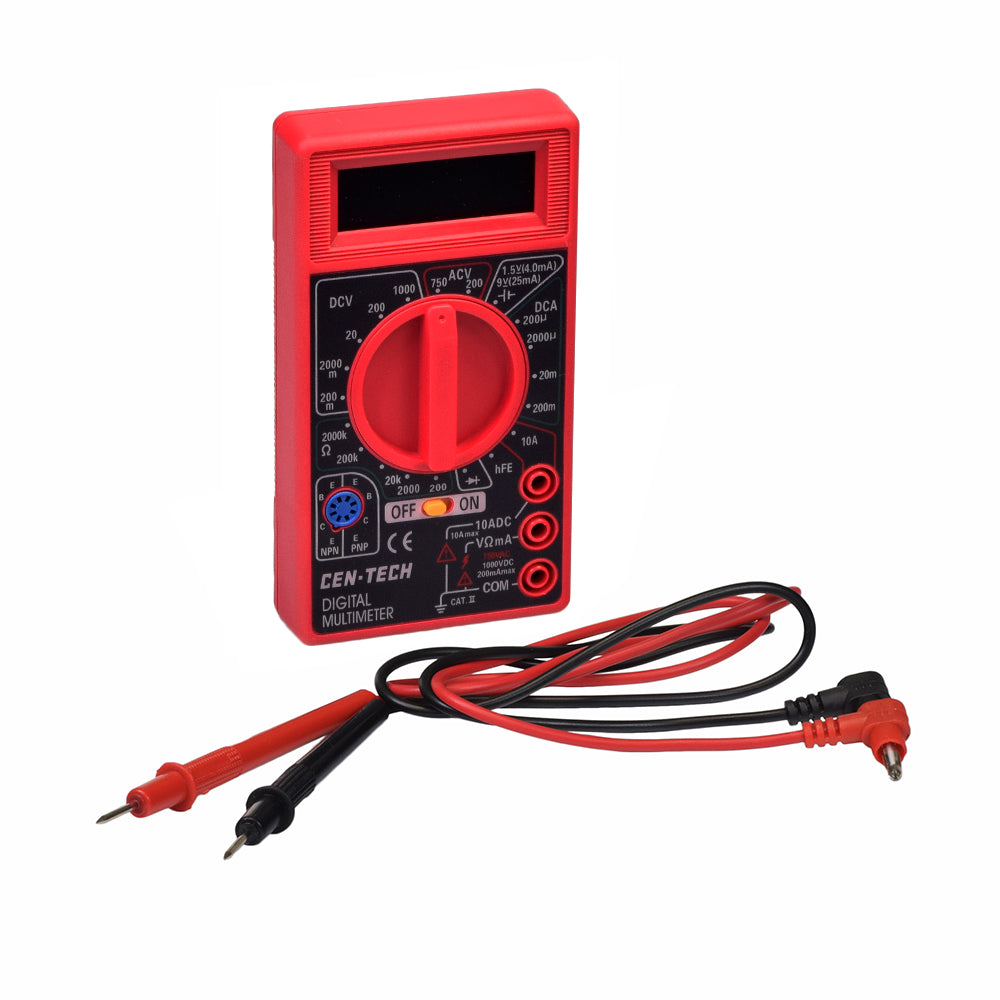 Digital Multimeter (Voltmeter/Battery Tester) for Scooter Batteries, shown with attached test leads, ideal for measuring AC/DC voltage, current, continuity, and resistance.