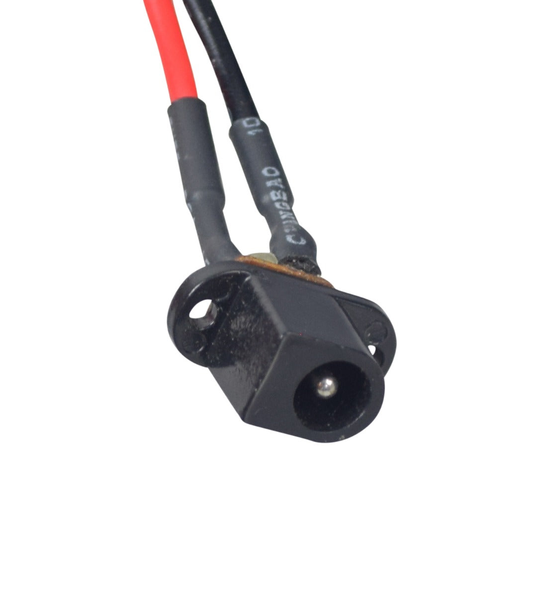 Minimoto Sport Racer 2-Wire Charger Port Assembly with a black electrical plug and red wiring, shown in a close-up view highlighting the connector details.