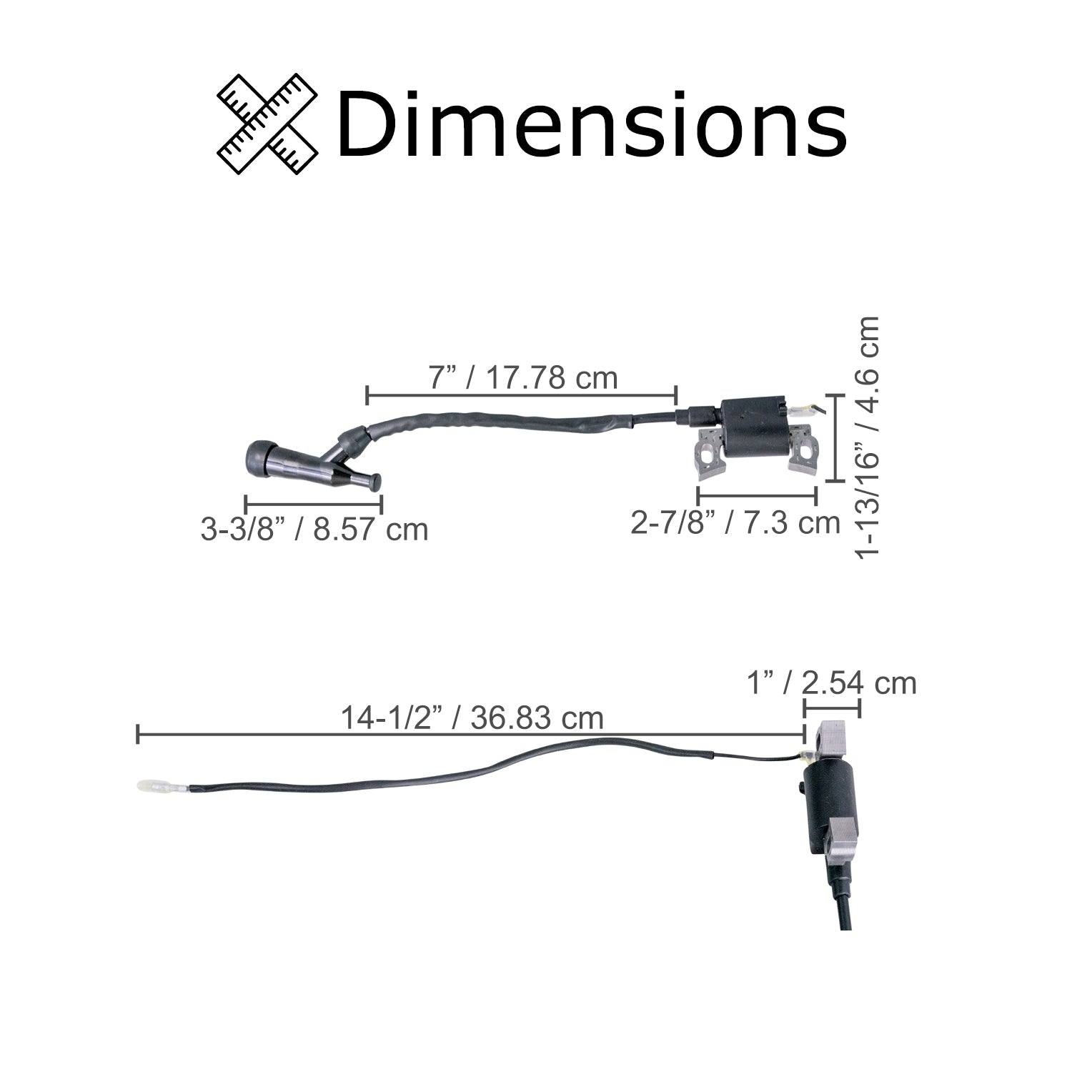 Ignition Coil for the Coleman RB200 212cc Mini Bike, shown in a detailed diagram with close-up views of the black cable and electrical components, illustrating its compact design and mounting hole spacing.