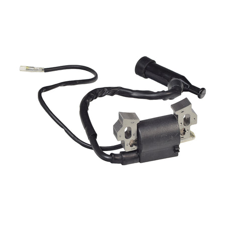 Ignition Coil for 196cc 6.5 Hp Engine shown as a black electrical device with attached wires, suitable for Honda clone 4-stroke engines, mini bikes, go carts, and 6.5 Hp utility equipment.