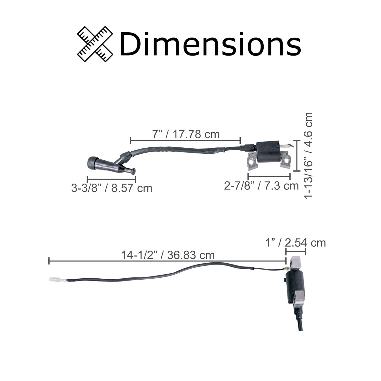 196cc 6.5 Hp (Honda GX200 Clone) Ignition Coil for Baja Mini Bike MB165 & MB200, shown with close-up diagrams and black cable details, compatible with Baja Heat, Mini Baja, and Baja Warrior models.