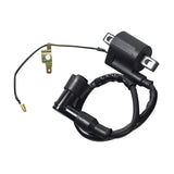 Ignition Coil for 90cc & 125cc ATVs & Dirt Bikes with 16 Cable, featuring a black electrical wire and a metal bracket, essential for models like the Baja Motorsports Dirt Runner DR125 & Wilderness WD90.