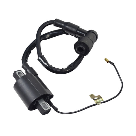 Ignition Coil for 90cc & 125cc ATVs & Dirt Bikes with 16 Cable, featuring a black electrical wire with a metal clip and black cap, suitable for models like the Dirt Runner DR125 and Wilderness WD90.