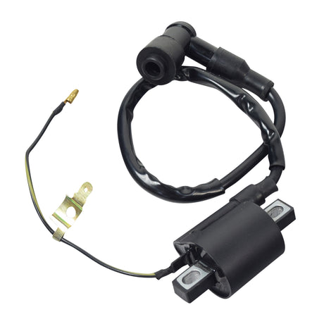 Ignition Coil for 90cc & 125cc ATVs & Dirt Bikes with 16 Cable, featuring a black wire, metal clip, and electrical components, suitable for Baja Motorsports models.