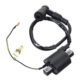 Ignition Coil for 90cc Baja ATVs with 14 Cable, featuring a black electrical wire connecting a black cover to a gold metal clip and spark plug connector.