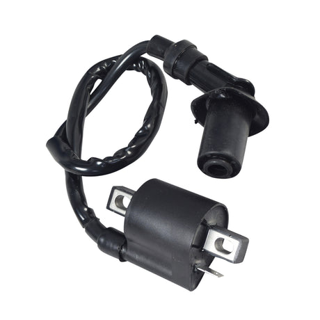 Ignition Coil for Baja Wilderness Trail 250 (WD250) ATV - VIN Prefix LAPS, featuring a black electrical wire with a black cover, metal connectors, and a close-up of a metal piece.