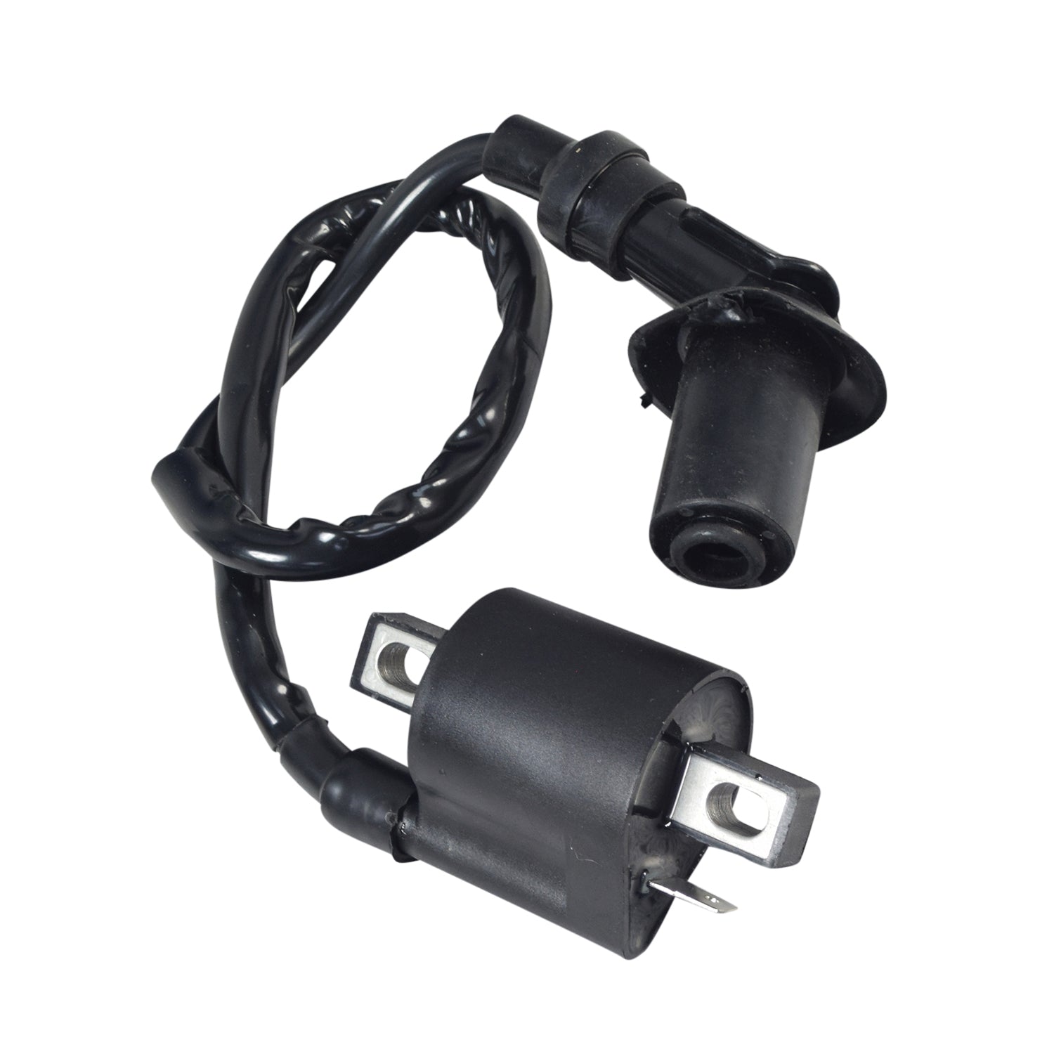 150cc Go-Kart Ignition Coil with Spark Plug Wire and Angled Connector, featuring a black electrical wire with metal connectors, designed for 150cc go-karts like the Baja Dune and Reaction.