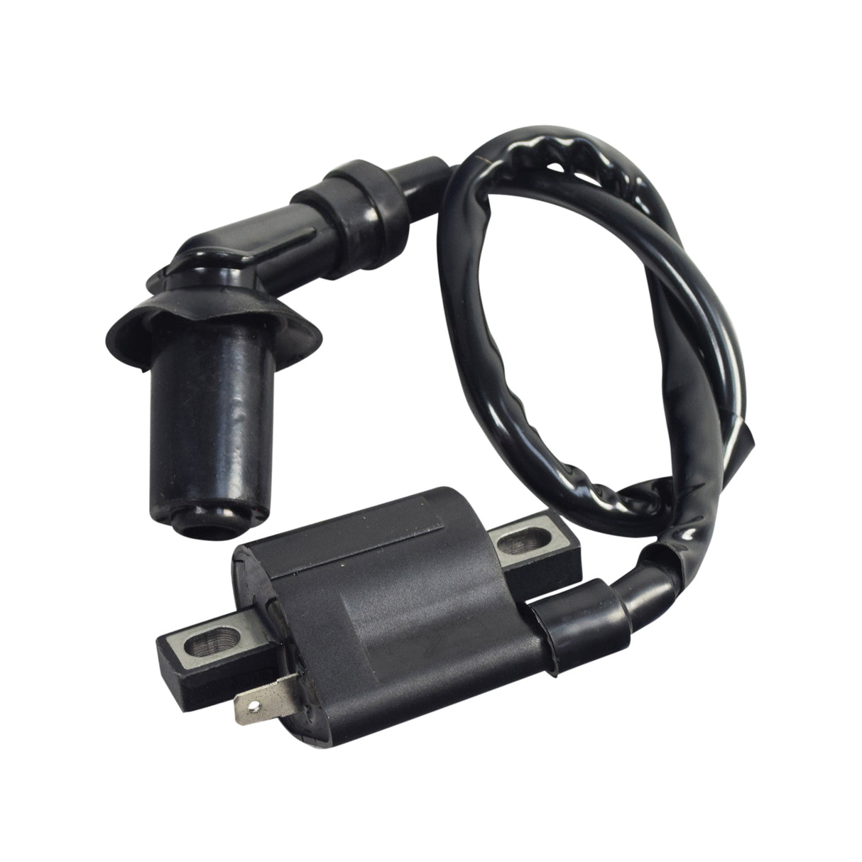 125cc, 150cc, & 250cc Ignition Coil with Spark Plug Wire and Angled Connector, showing a black electrical wire and cylinder, designed for ATVs, dirt bikes, and scooters.