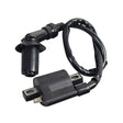 150cc Go-Kart Ignition Coil with Spark Plug Wire and Angled Connector, featuring a black electrical wire and a black cover, designed for 150cc go-karts like the Baja Dune and Reaction 150.